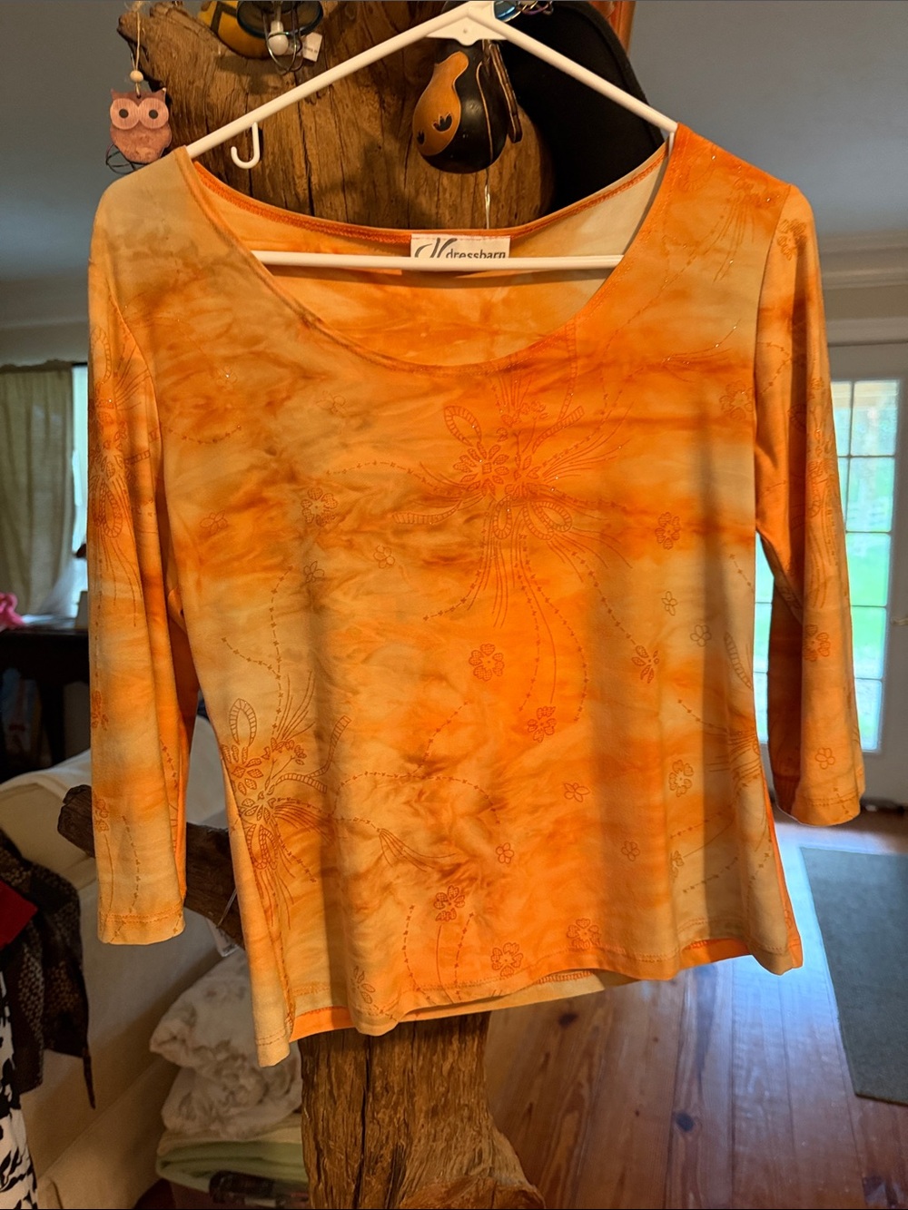 Dress Barn Orange Tie-Dye Floral Scoop Neck Long Sleeve Tee